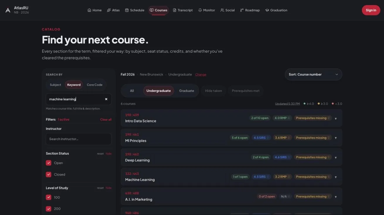 AtlasRU's course catalog filtered to machine-learning courses, showing live open-seat counts, SIRS and RateMyProfessor ratings, and prerequisite status for each course.
